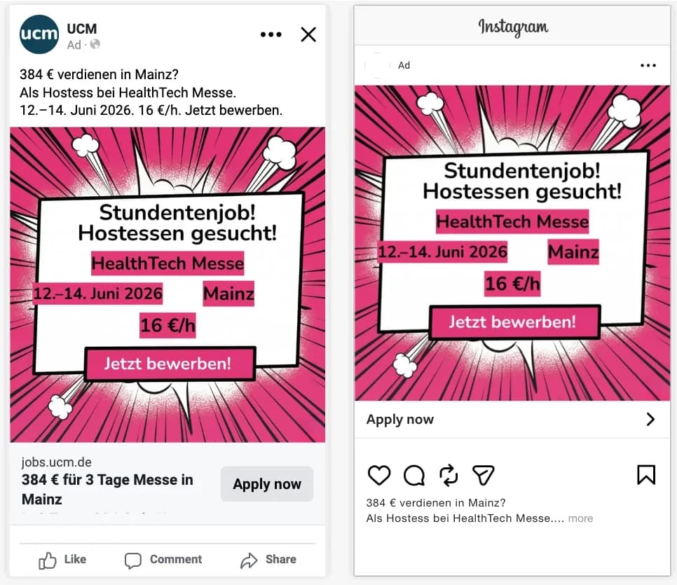 Vorschau einer automatisch erstellten Anzeige für Hostessen auf einer Messe in Mainz, für Facebook und Instagram