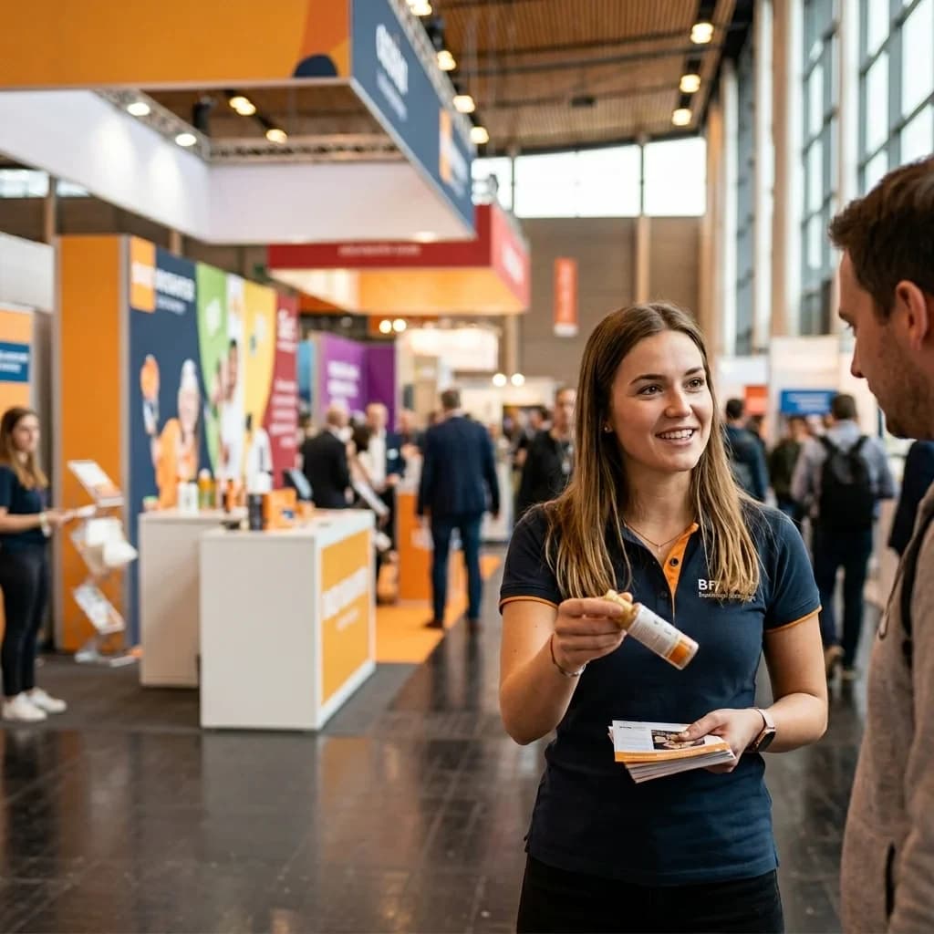 Von der KI erzeugtes Anzeigenbild: eine Promoterin auf einer Messe