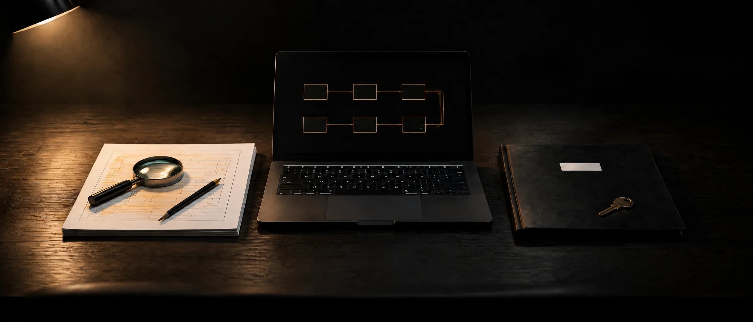 Ein dunkler Schreibtisch unter einer warmen Lampe, darauf von links nach rechts markierte Prozessblätter mit Lupe, ein Laptop mit einem Workflow auf dem Bildschirm und eine Mappe mit Schlüssel.